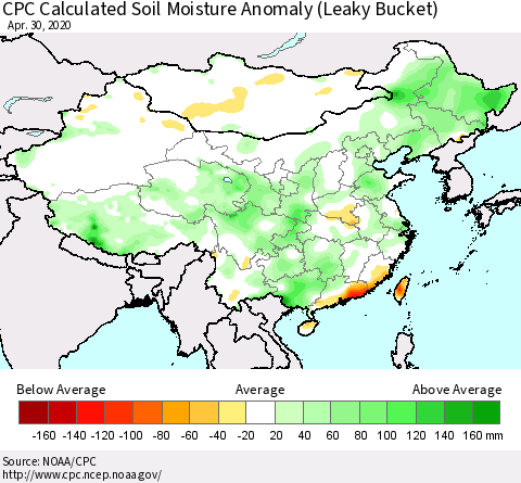 China, Mongolia and Taiwan CPC Soil Moisture Departure from Normal (Leaky Bucket) Thematic Map For 4/26/2020 - 4/30/2020