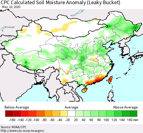 China, Mongolia and Taiwan CPC Soil Moisture Departure from Normal (Leaky Bucket) Thematic Map For 5/6/2020 - 5/10/2020