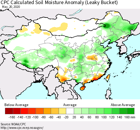 China, Mongolia and Taiwan CPC Soil Moisture Departure from Normal (Leaky Bucket) Thematic Map For 5/16/2020 - 5/20/2020