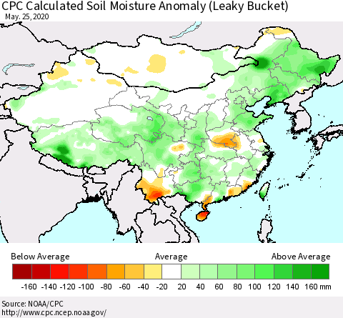 China, Mongolia and Taiwan CPC Soil Moisture Departure from Normal (Leaky Bucket) Thematic Map For 5/21/2020 - 5/25/2020