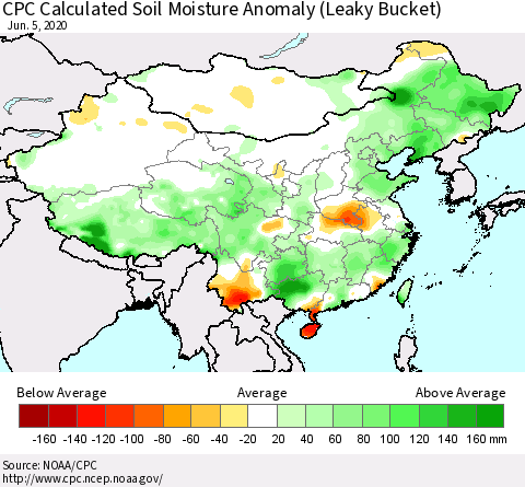 China, Mongolia and Taiwan CPC Soil Moisture Departure from Normal (Leaky Bucket) Thematic Map For 6/1/2020 - 6/5/2020