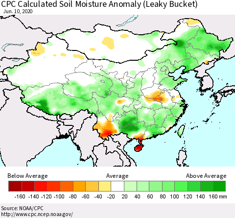 China, Mongolia and Taiwan CPC Soil Moisture Departure from Normal (Leaky Bucket) Thematic Map For 6/6/2020 - 6/10/2020