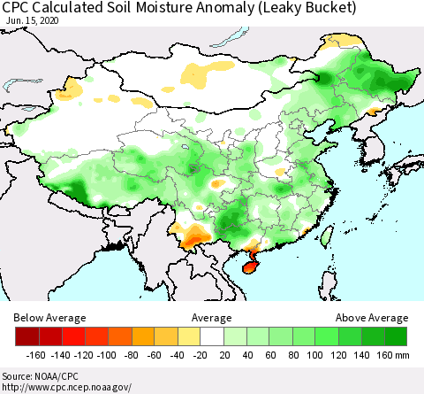 China, Mongolia and Taiwan CPC Soil Moisture Departure from Normal (Leaky Bucket) Thematic Map For 6/11/2020 - 6/15/2020