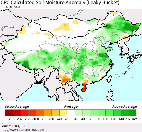 China, Mongolia and Taiwan CPC Soil Moisture Departure from Normal (Leaky Bucket) Thematic Map For 6/16/2020 - 6/20/2020