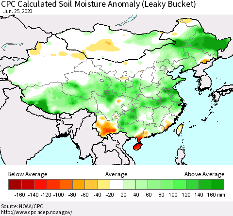 China, Mongolia and Taiwan CPC Soil Moisture Departure from Normal (Leaky Bucket) Thematic Map For 6/21/2020 - 6/25/2020
