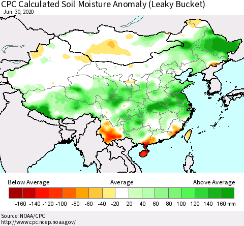 China, Mongolia and Taiwan CPC Soil Moisture Departure from Normal (Leaky Bucket) Thematic Map For 6/26/2020 - 6/30/2020