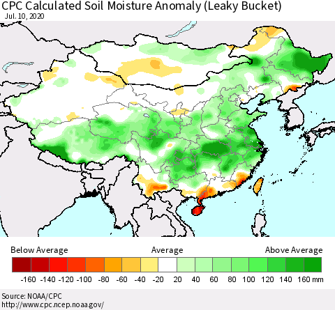 China, Mongolia and Taiwan CPC Soil Moisture Departure from Normal (Leaky Bucket) Thematic Map For 7/6/2020 - 7/10/2020