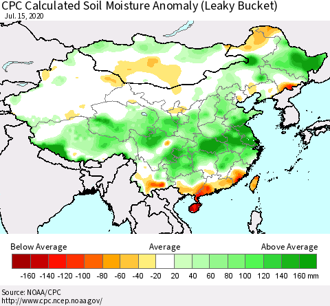 China, Mongolia and Taiwan CPC Soil Moisture Departure from Normal (Leaky Bucket) Thematic Map For 7/11/2020 - 7/15/2020