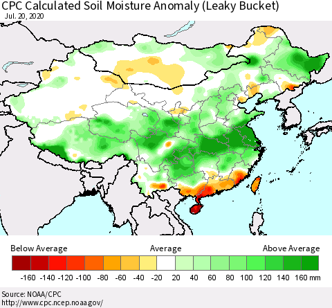 China, Mongolia and Taiwan CPC Soil Moisture Departure from Normal (Leaky Bucket) Thematic Map For 7/16/2020 - 7/20/2020