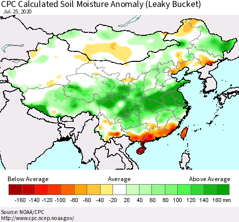 China, Mongolia and Taiwan CPC Soil Moisture Departure from Normal (Leaky Bucket) Thematic Map For 7/21/2020 - 7/25/2020