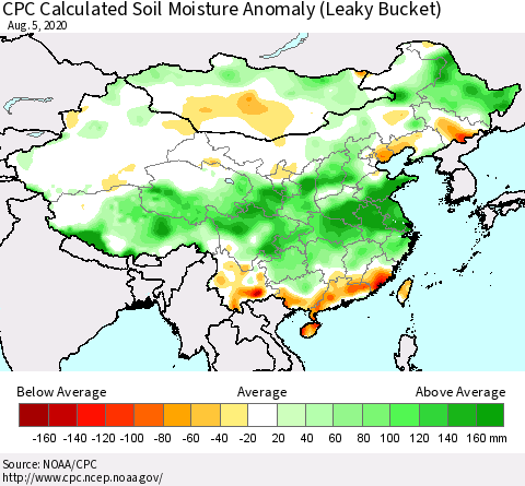 China, Mongolia and Taiwan CPC Soil Moisture Departure from Normal (Leaky Bucket) Thematic Map For 8/1/2020 - 8/5/2020