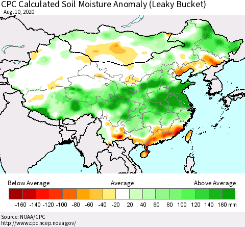 China, Mongolia and Taiwan CPC Soil Moisture Departure from Normal (Leaky Bucket) Thematic Map For 8/6/2020 - 8/10/2020