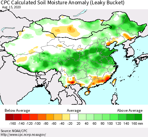 China, Mongolia and Taiwan CPC Soil Moisture Departure from Normal (Leaky Bucket) Thematic Map For 8/11/2020 - 8/15/2020