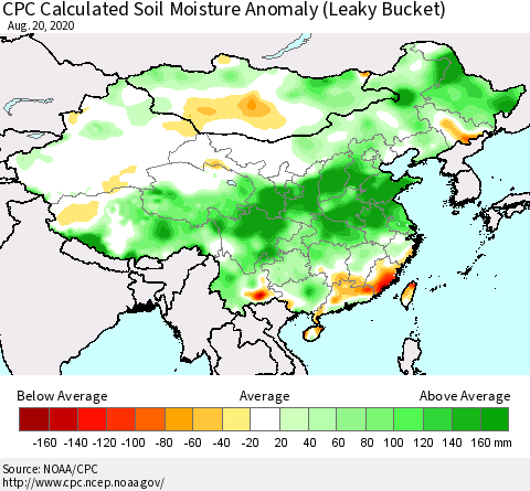 China, Mongolia and Taiwan CPC Soil Moisture Departure from Normal (Leaky Bucket) Thematic Map For 8/16/2020 - 8/20/2020
