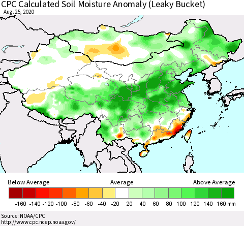 China, Mongolia and Taiwan CPC Soil Moisture Departure from Normal (Leaky Bucket) Thematic Map For 8/21/2020 - 8/25/2020