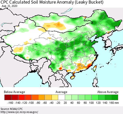 China, Mongolia and Taiwan CPC Soil Moisture Departure from Normal (Leaky Bucket) Thematic Map For 8/26/2020 - 8/31/2020
