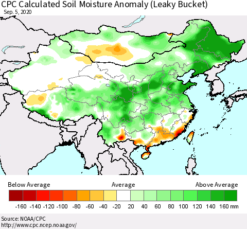 China, Mongolia and Taiwan CPC Soil Moisture Departure from Normal (Leaky Bucket) Thematic Map For 9/1/2020 - 9/5/2020