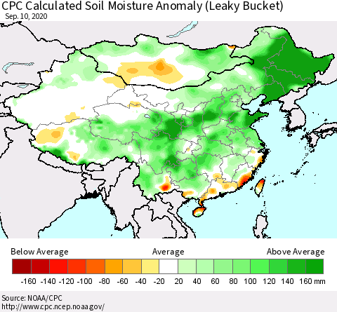 China, Mongolia and Taiwan CPC Soil Moisture Departure from Normal (Leaky Bucket) Thematic Map For 9/6/2020 - 9/10/2020