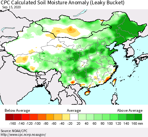 China, Mongolia and Taiwan CPC Soil Moisture Departure from Normal (Leaky Bucket) Thematic Map For 9/11/2020 - 9/15/2020