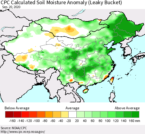 China, Mongolia and Taiwan CPC Soil Moisture Departure from Normal (Leaky Bucket) Thematic Map For 9/16/2020 - 9/20/2020