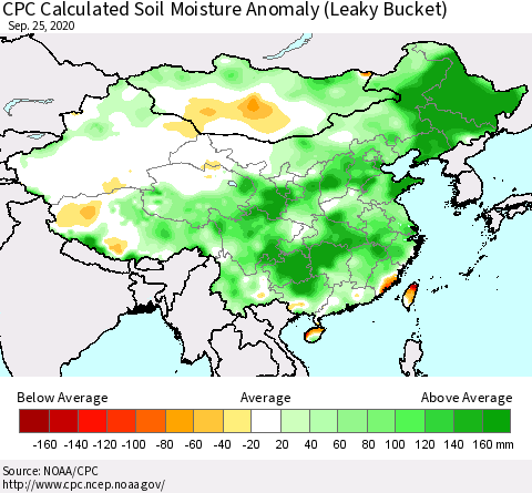 China, Mongolia and Taiwan CPC Soil Moisture Departure from Normal (Leaky Bucket) Thematic Map For 9/21/2020 - 9/25/2020