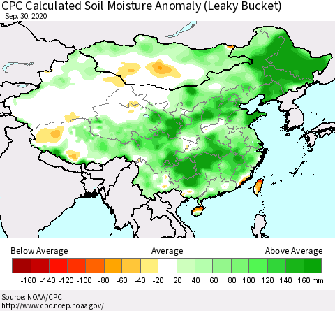 China, Mongolia and Taiwan CPC Soil Moisture Departure from Normal (Leaky Bucket) Thematic Map For 9/26/2020 - 9/30/2020