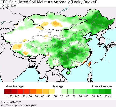 China, Mongolia and Taiwan CPC Soil Moisture Departure from Normal (Leaky Bucket) Thematic Map For 10/16/2020 - 10/20/2020