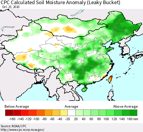 China, Mongolia and Taiwan CPC Soil Moisture Departure from Normal (Leaky Bucket) Thematic Map For 10/21/2020 - 10/25/2020