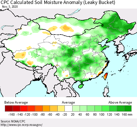 China, Mongolia and Taiwan CPC Soil Moisture Departure from Normal (Leaky Bucket) Thematic Map For 11/1/2020 - 11/5/2020