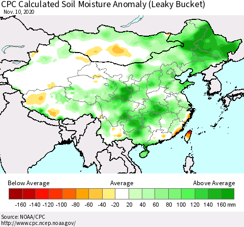China, Mongolia and Taiwan CPC Soil Moisture Departure from Normal (Leaky Bucket) Thematic Map For 11/6/2020 - 11/10/2020