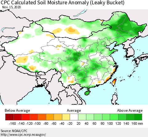China, Mongolia and Taiwan CPC Soil Moisture Departure from Normal (Leaky Bucket) Thematic Map For 11/11/2020 - 11/15/2020