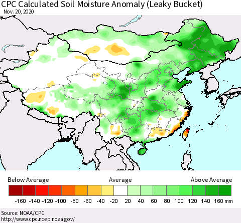 China, Mongolia and Taiwan CPC Soil Moisture Departure from Normal (Leaky Bucket) Thematic Map For 11/16/2020 - 11/20/2020
