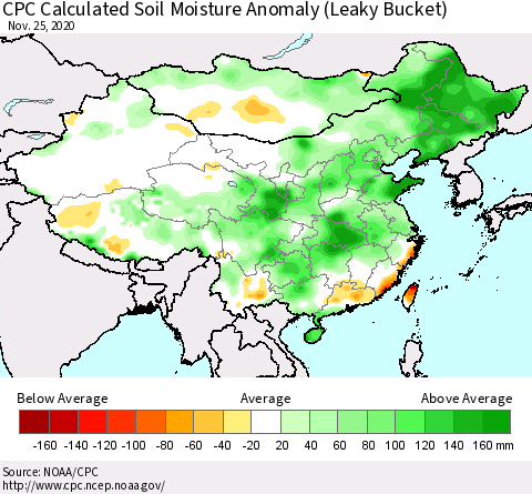China, Mongolia and Taiwan CPC Soil Moisture Departure from Normal (Leaky Bucket) Thematic Map For 11/21/2020 - 11/25/2020