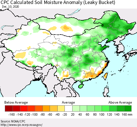 China, Mongolia and Taiwan CPC Soil Moisture Departure from Normal (Leaky Bucket) Thematic Map For 12/6/2020 - 12/10/2020