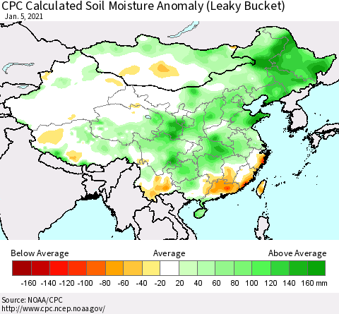 China, Mongolia and Taiwan CPC Soil Moisture Departure from Normal (Leaky Bucket) Thematic Map For 1/1/2021 - 1/5/2021