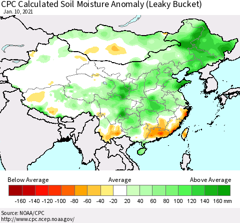 China, Mongolia and Taiwan CPC Soil Moisture Departure from Normal (Leaky Bucket) Thematic Map For 1/6/2021 - 1/10/2021