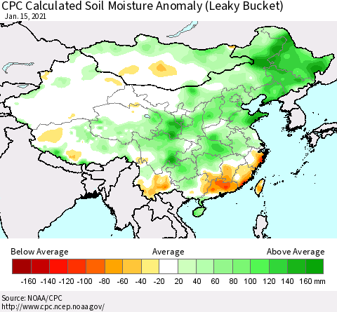 China, Mongolia and Taiwan CPC Soil Moisture Departure from Normal (Leaky Bucket) Thematic Map For 1/11/2021 - 1/15/2021