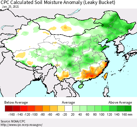 China, Mongolia and Taiwan CPC Soil Moisture Departure from Normal (Leaky Bucket) Thematic Map For 1/21/2021 - 1/25/2021