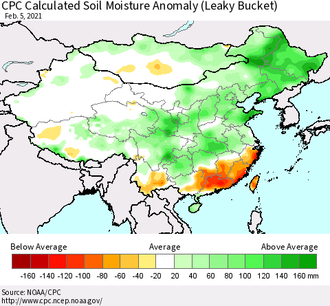 China, Mongolia and Taiwan CPC Soil Moisture Departure from Normal (Leaky Bucket) Thematic Map For 2/1/2021 - 2/5/2021