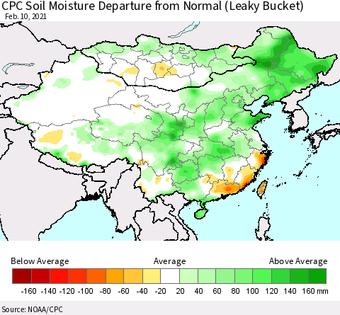 China, Mongolia and Taiwan CPC Soil Moisture Departure from Normal (Leaky Bucket) Thematic Map For 2/6/2021 - 2/10/2021