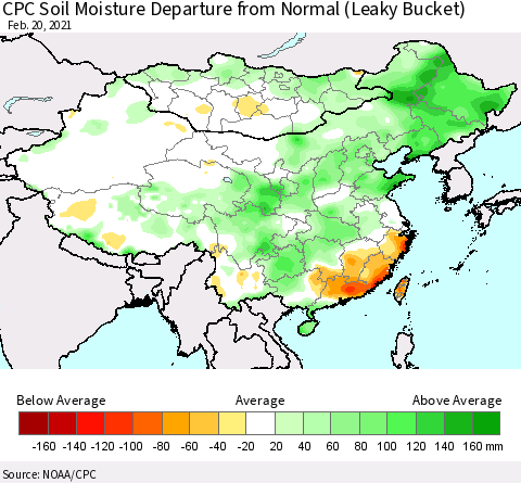 China, Mongolia and Taiwan CPC Soil Moisture Departure from Normal (Leaky Bucket) Thematic Map For 2/16/2021 - 2/20/2021