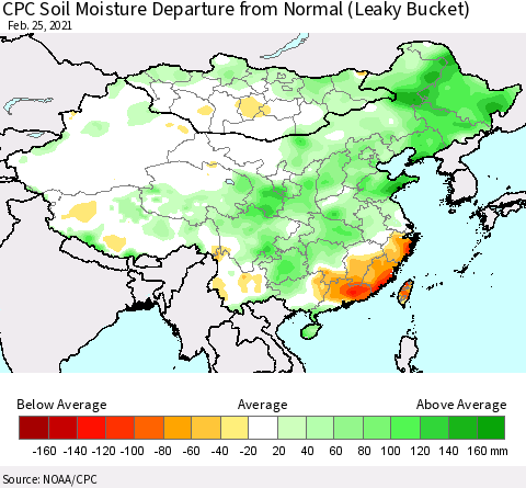 China, Mongolia and Taiwan CPC Soil Moisture Departure from Normal (Leaky Bucket) Thematic Map For 2/21/2021 - 2/25/2021