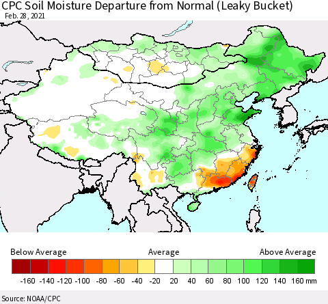 China, Mongolia and Taiwan CPC Soil Moisture Departure from Normal (Leaky Bucket) Thematic Map For 2/26/2021 - 2/28/2021