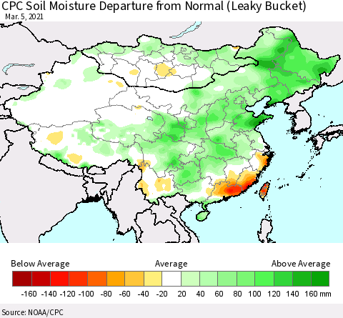 China, Mongolia and Taiwan CPC Soil Moisture Departure from Normal (Leaky Bucket) Thematic Map For 3/1/2021 - 3/5/2021