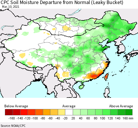 China, Mongolia and Taiwan CPC Soil Moisture Departure from Normal (Leaky Bucket) Thematic Map For 3/6/2021 - 3/10/2021