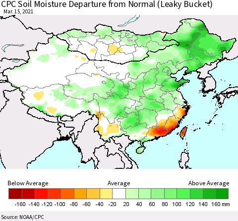 China, Mongolia and Taiwan CPC Soil Moisture Departure from Normal (Leaky Bucket) Thematic Map For 3/11/2021 - 3/15/2021