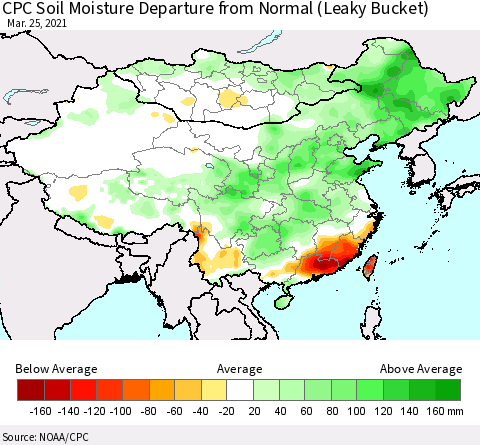 China, Mongolia and Taiwan CPC Soil Moisture Departure from Normal (Leaky Bucket) Thematic Map For 3/21/2021 - 3/25/2021