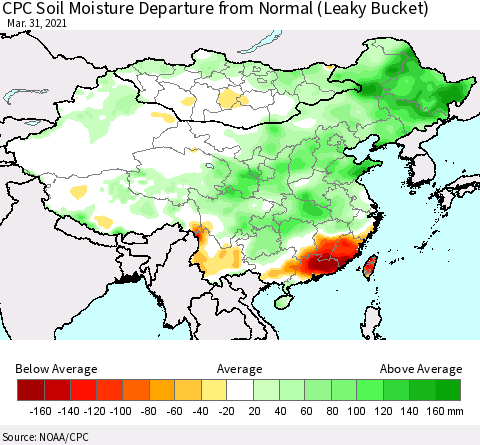 China, Mongolia and Taiwan CPC Soil Moisture Departure from Normal (Leaky Bucket) Thematic Map For 3/26/2021 - 3/31/2021