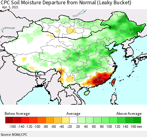 China, Mongolia and Taiwan CPC Soil Moisture Departure from Normal (Leaky Bucket) Thematic Map For 4/1/2021 - 4/5/2021