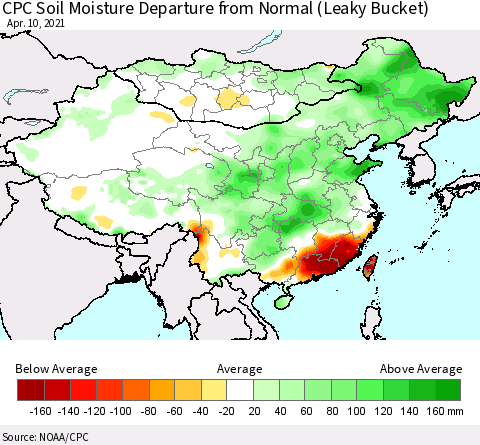 China, Mongolia and Taiwan CPC Soil Moisture Departure from Normal (Leaky Bucket) Thematic Map For 4/6/2021 - 4/10/2021